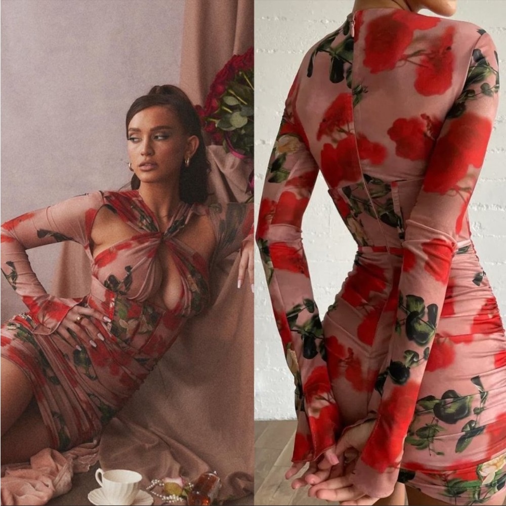 House of CB ‘Adanna’ Rose Print Corset Mini Dress NWOT - Picture 3 of 13